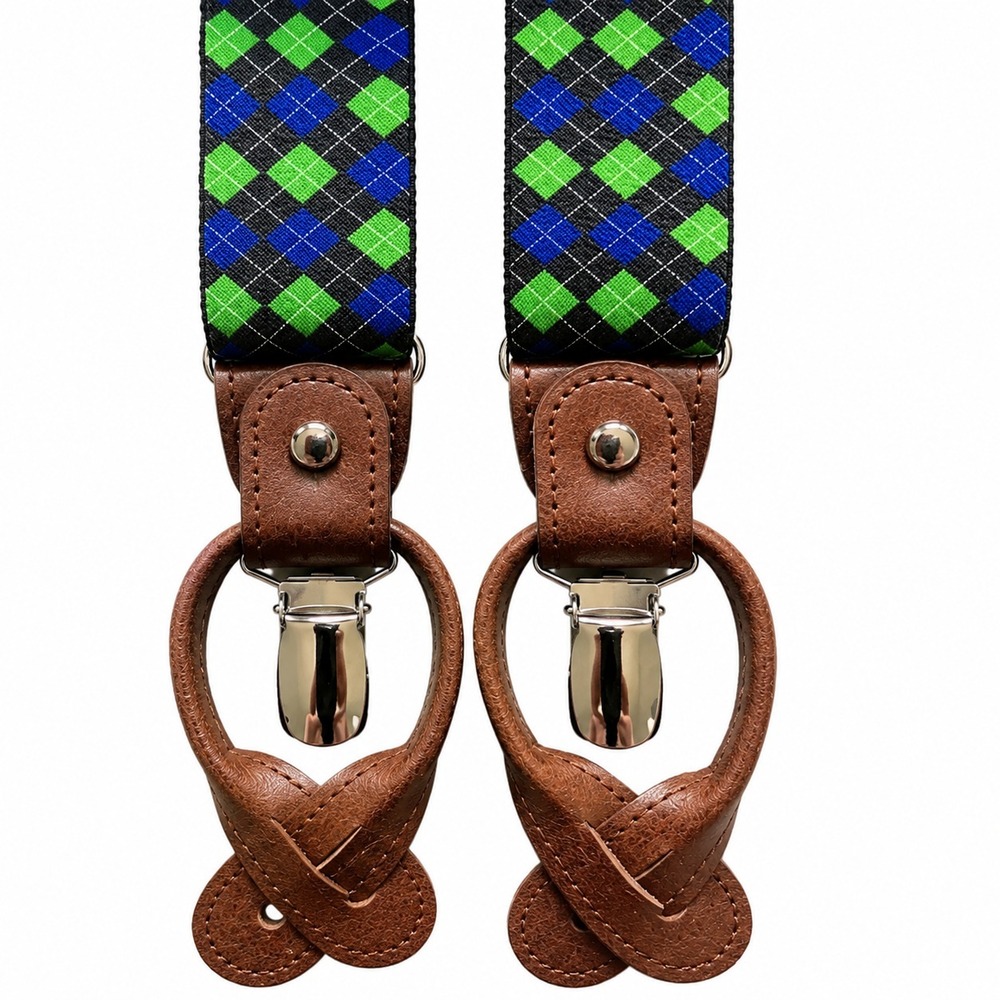 English Laundry Mens Tartan Plaid Suspenders Blue Green Leather Braces NIB New